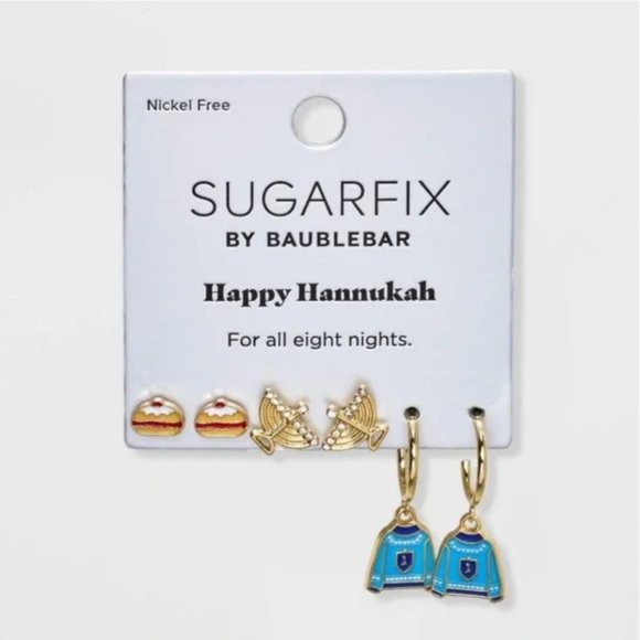 NWT SUGARFIX by BaubleBar Happy Hanukkah Earring 3 Set Blue/Gold Holiday Menorah - Picture 1 of 5